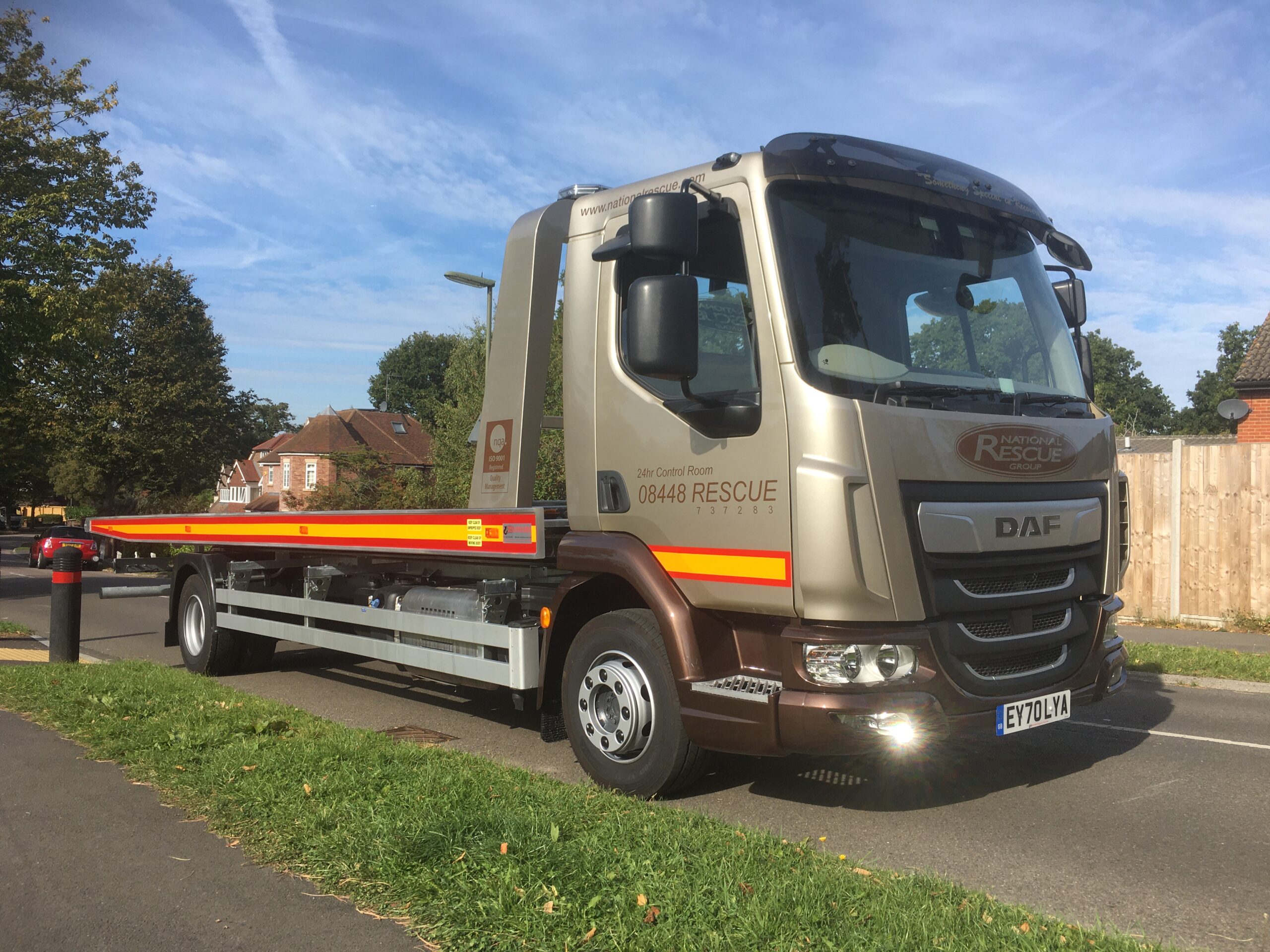National Rescue Group tow truck parked on a residential street