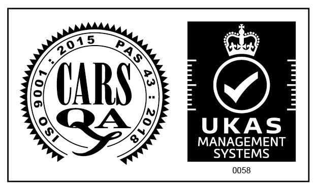 Certification logos displaying CARS QA and UKAS Management Systems